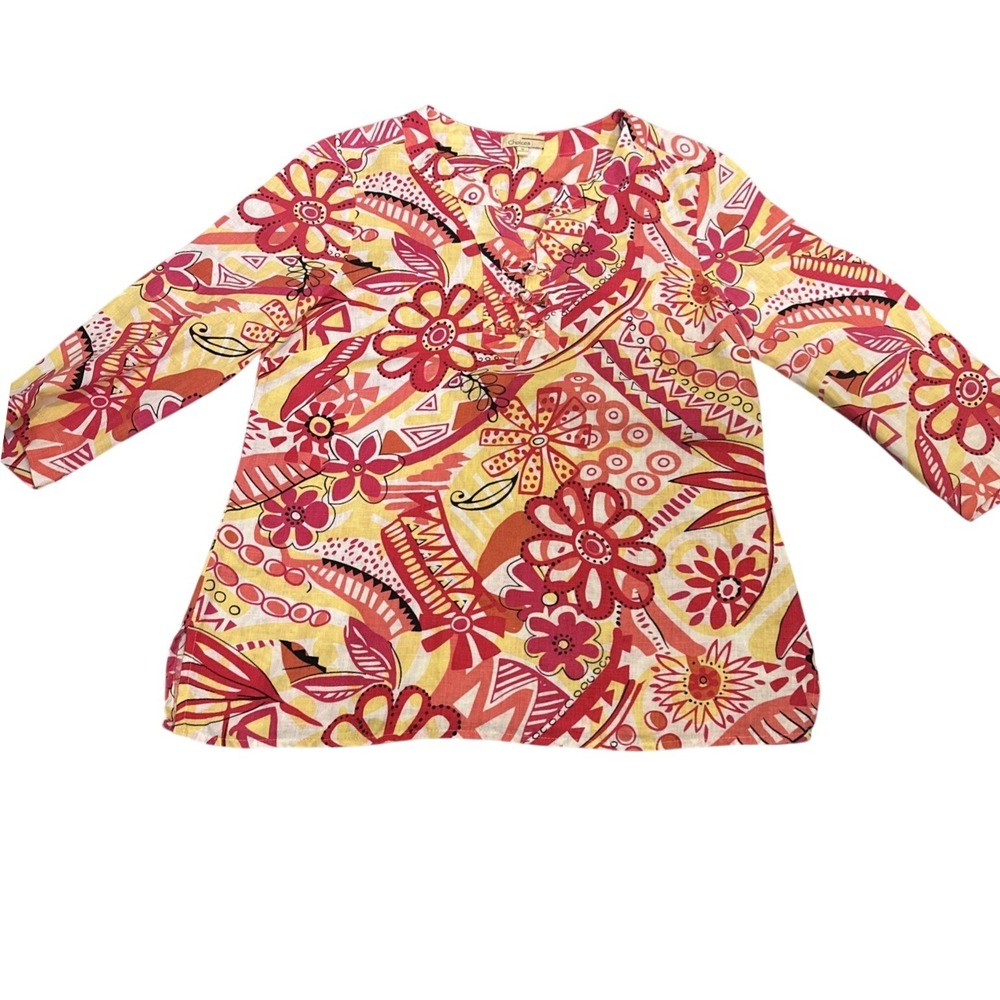 Choices Women's Tunic M Linen Floral 3/4 Sleeve BOHO Colorful Tropical Beach Y2K